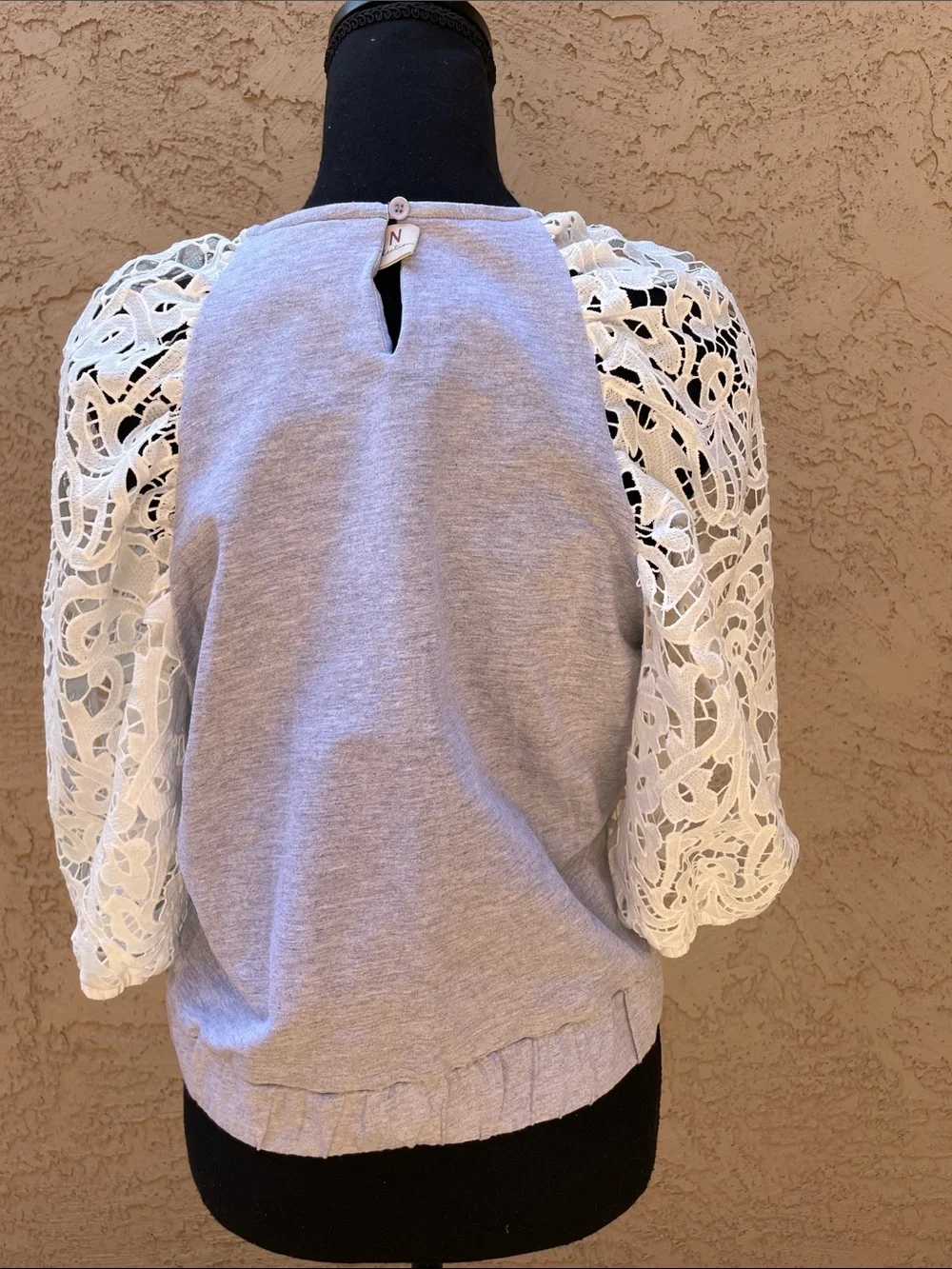 Anthropologie DOLAN Light Gray Top with White Lace Puff Sleeves